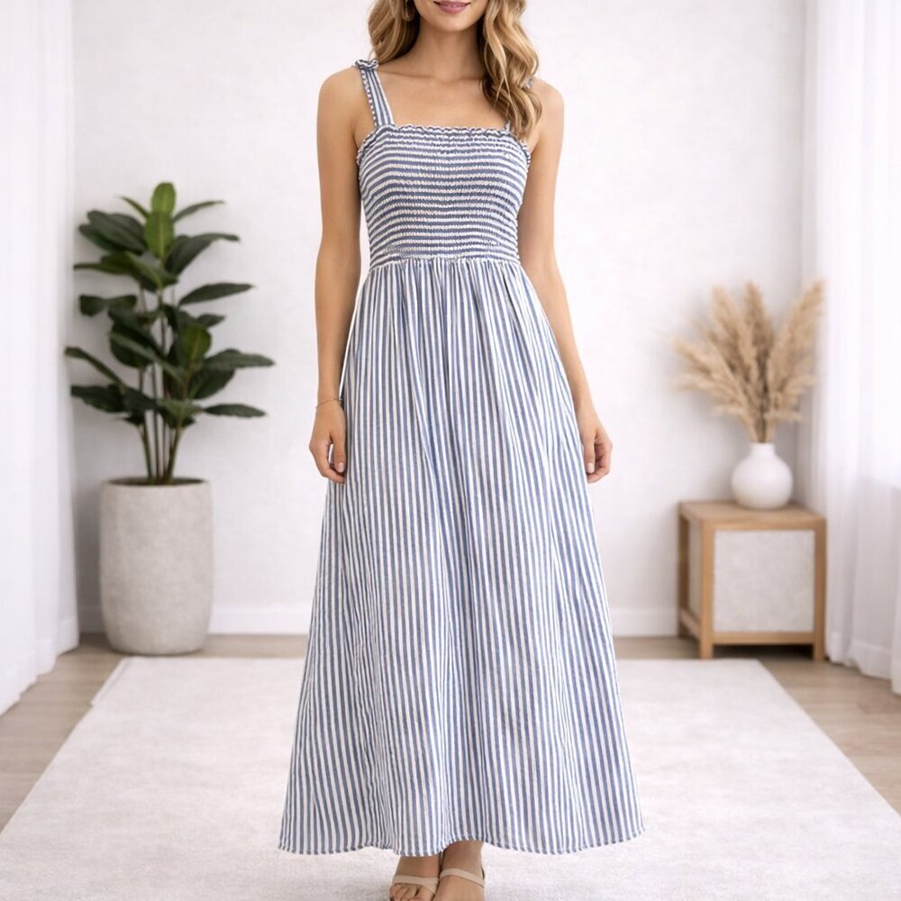 Black Tape Smocked Stripe Maxi Dress Blue White Sleeveless Size Small